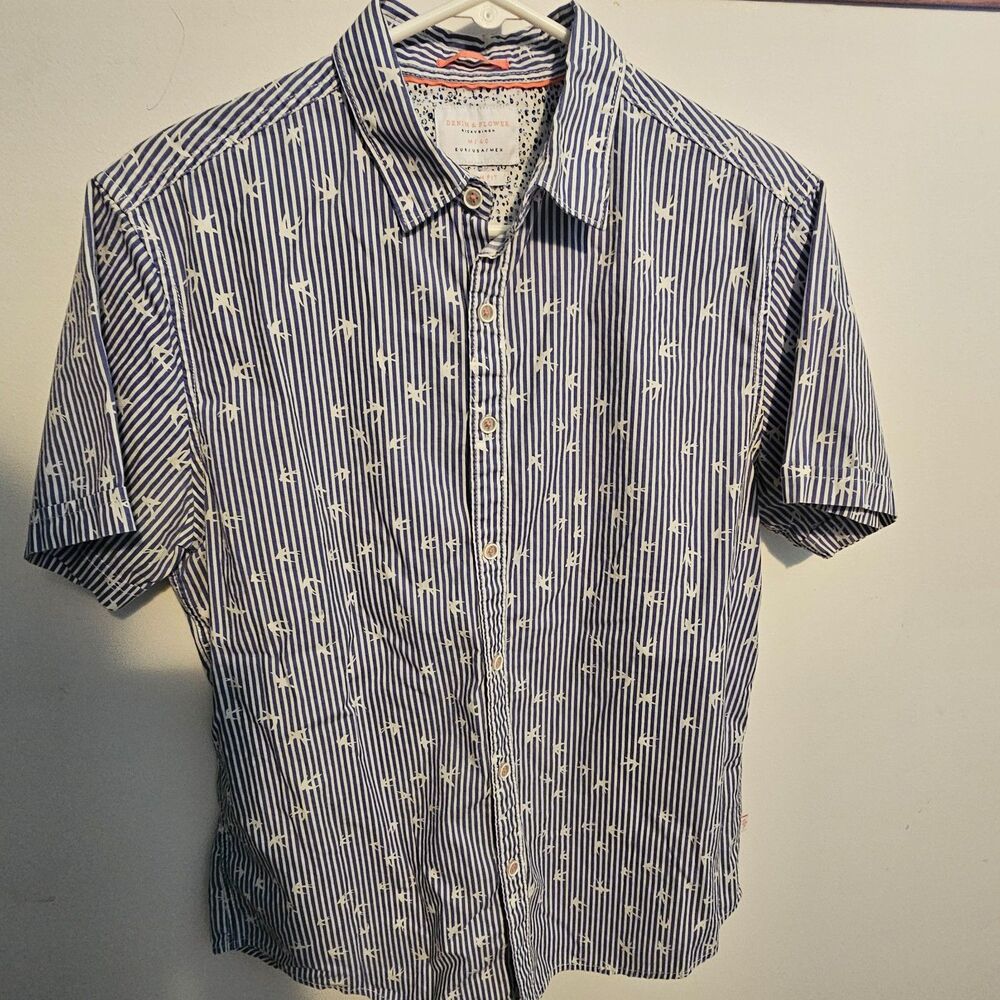 Men's Denim & Flower Medium Slim Fit Ricky Singh Shirt Blue White Striped Birds